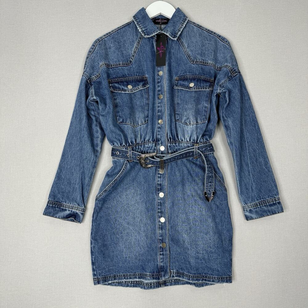 Nichole Lynel Womens Shirt Dress Small‎ Blue Denim Buckle Belted Western Cowboy